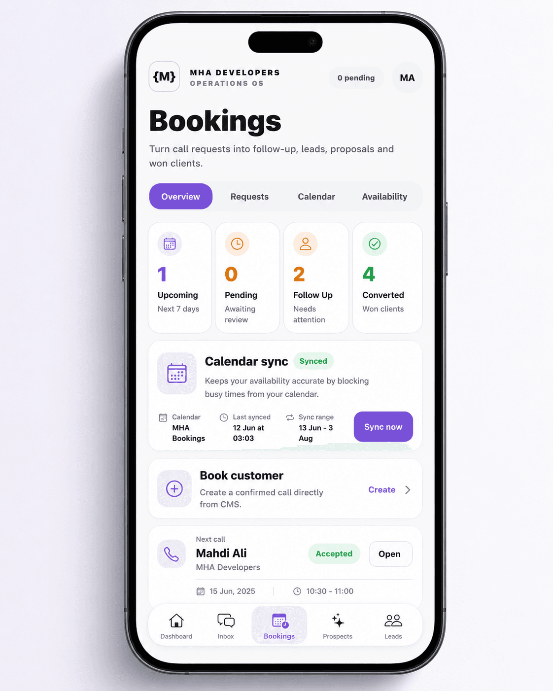MHA Developers Operations OS bookings screen on iPhone