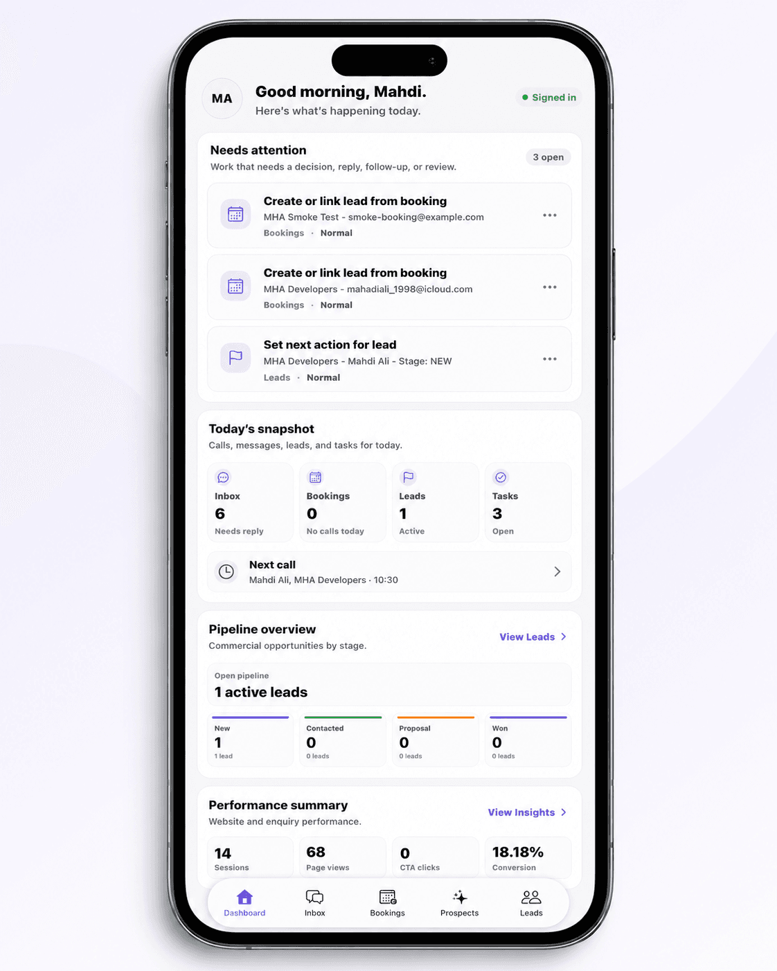 MHA Developers Operations OS dashboard screen on iPhone