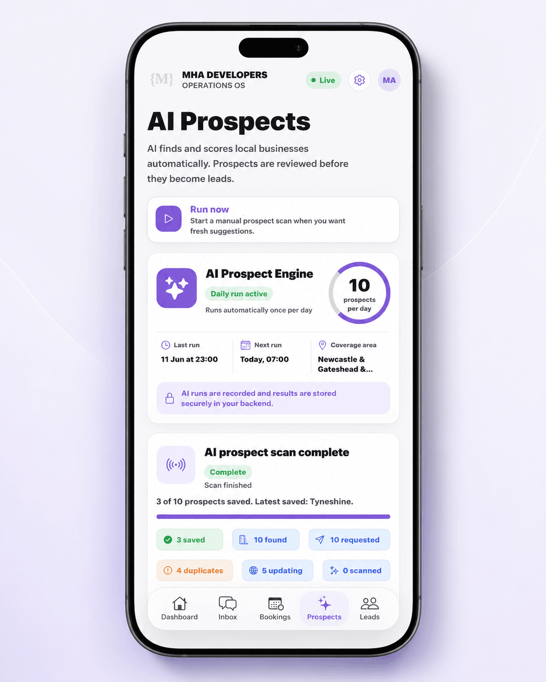 MHA Developers Operations OS AI prospects screen on iPhone