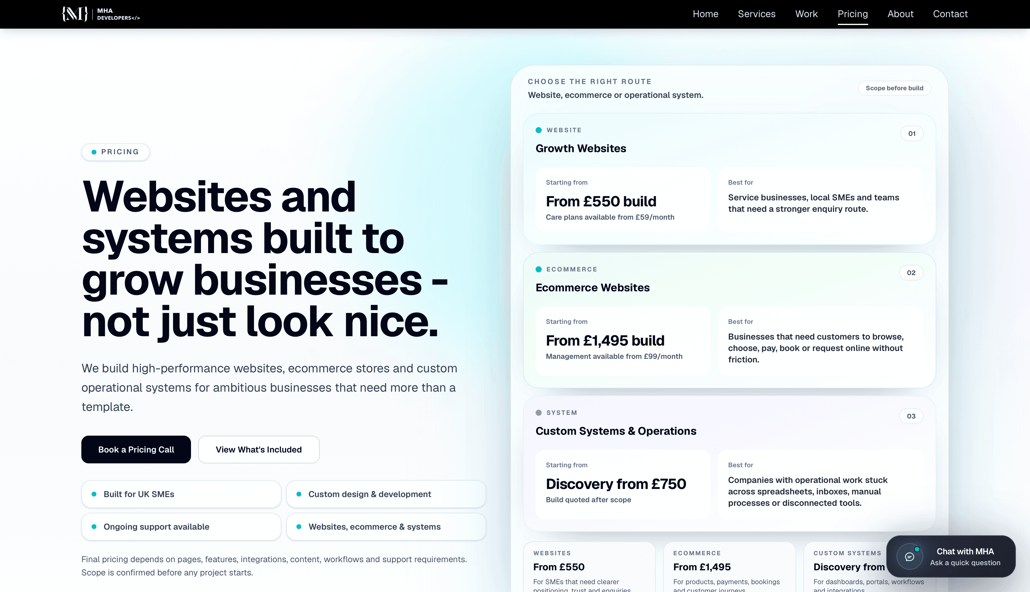 MHA Developers pricing page showing website, ecommerce and custom system routes