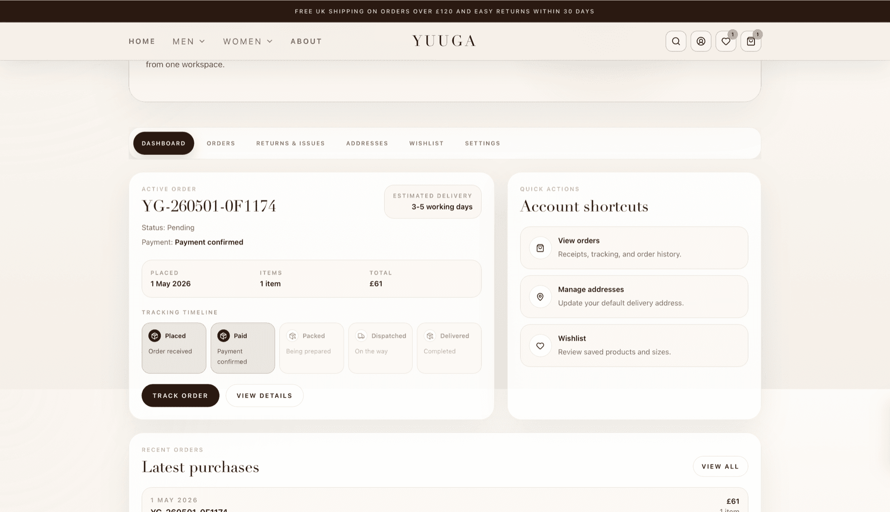 Yuuga customer dashboard showing active order, payment confirmation, delivery estimate and tracking timeline