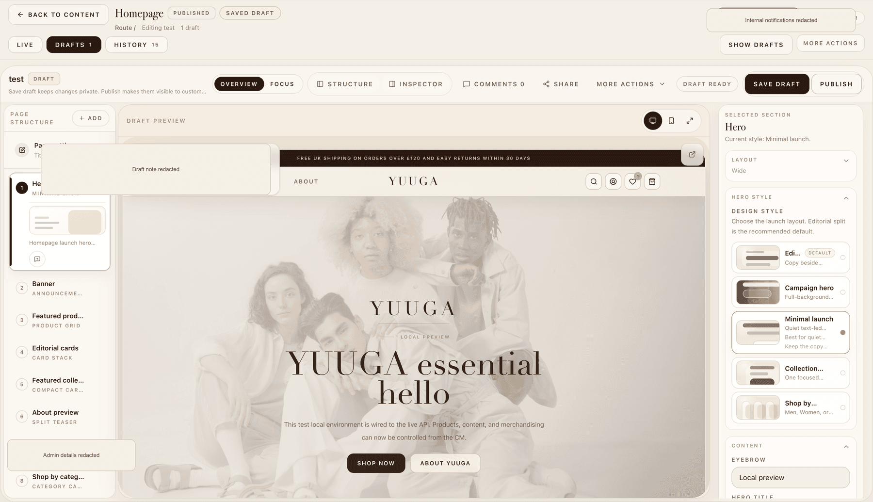 Redacted Yuuga CMS visual homepage editor with draft preview, section structure and publishing workflow