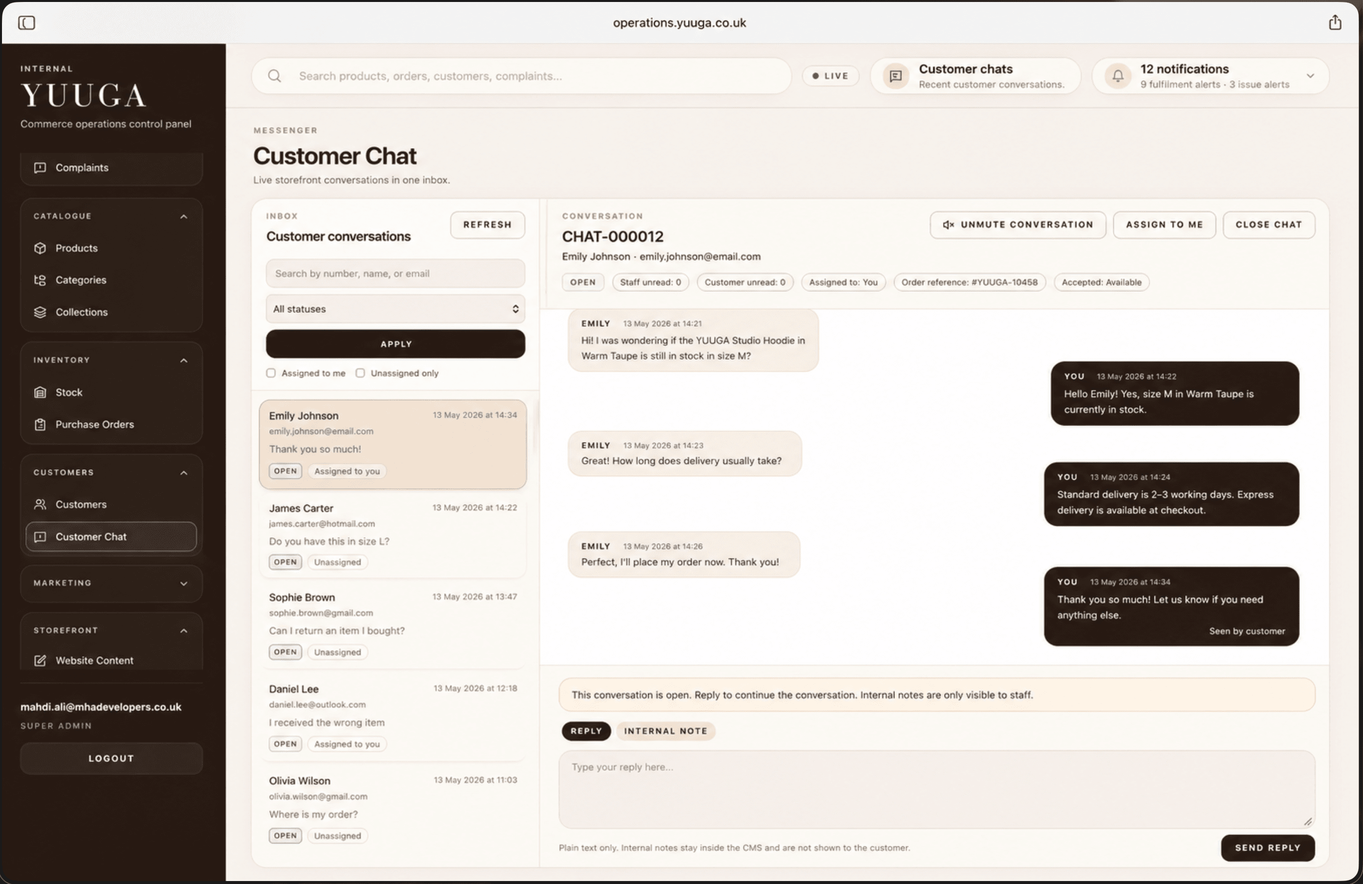 Redacted Yuuga CMS customer chat inbox with conversation list, assignment controls and internal notes area