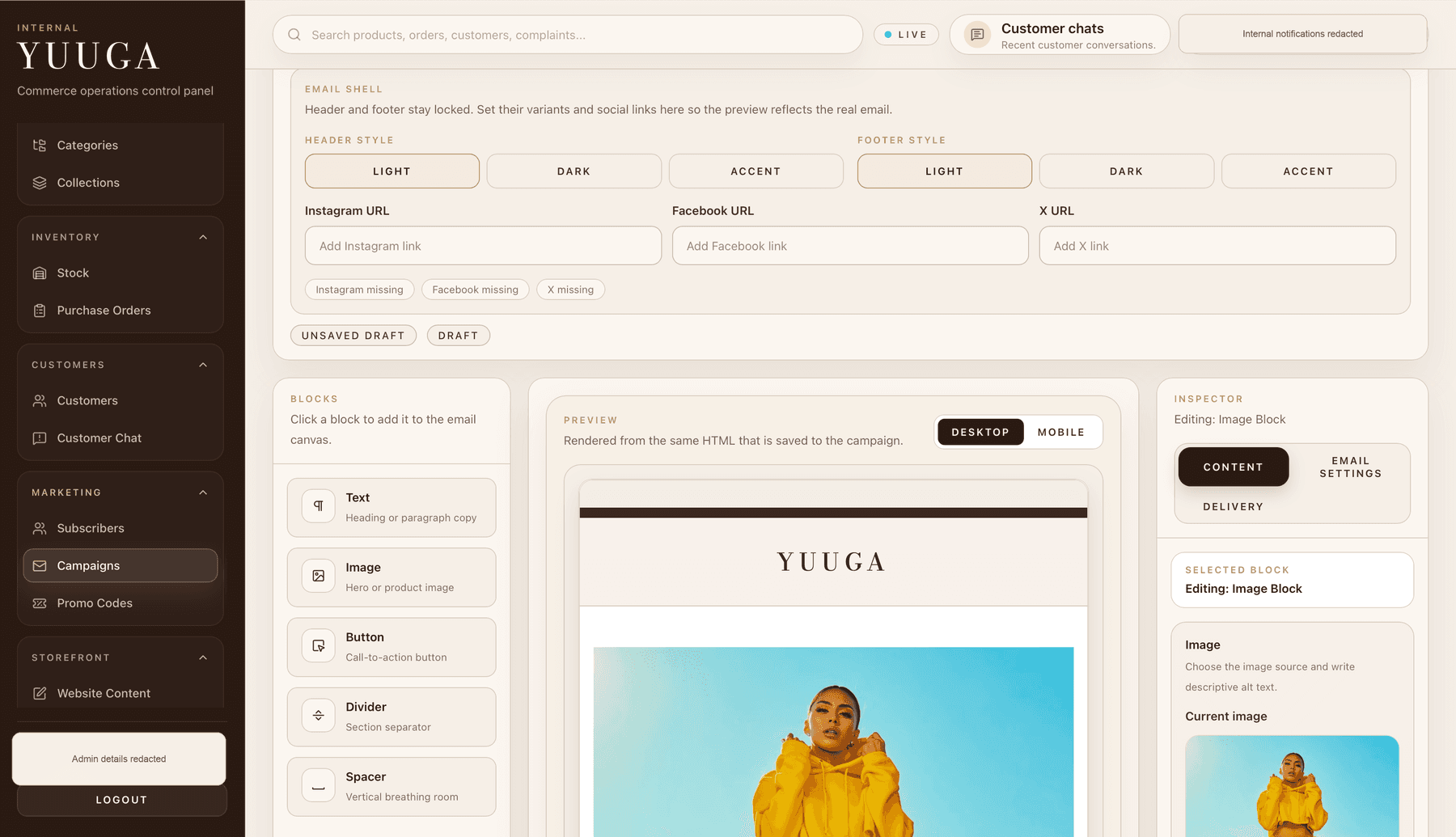 Redacted Yuuga CMS email campaign editor with reusable blocks, preview and inspector controls