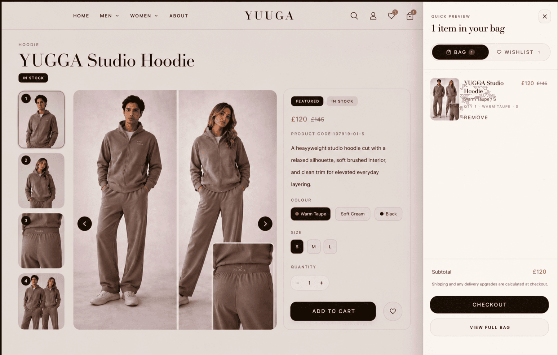 Yuuga slide-out shopping bag preview with product, price, subtotal and checkout action