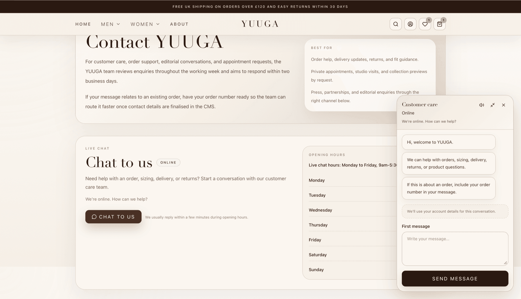 Yuuga customer support page with live chat, opening hours and guided enquiry handling