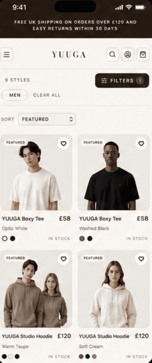 Yuuga mobile product listing showing filters, product cards and shopping controls