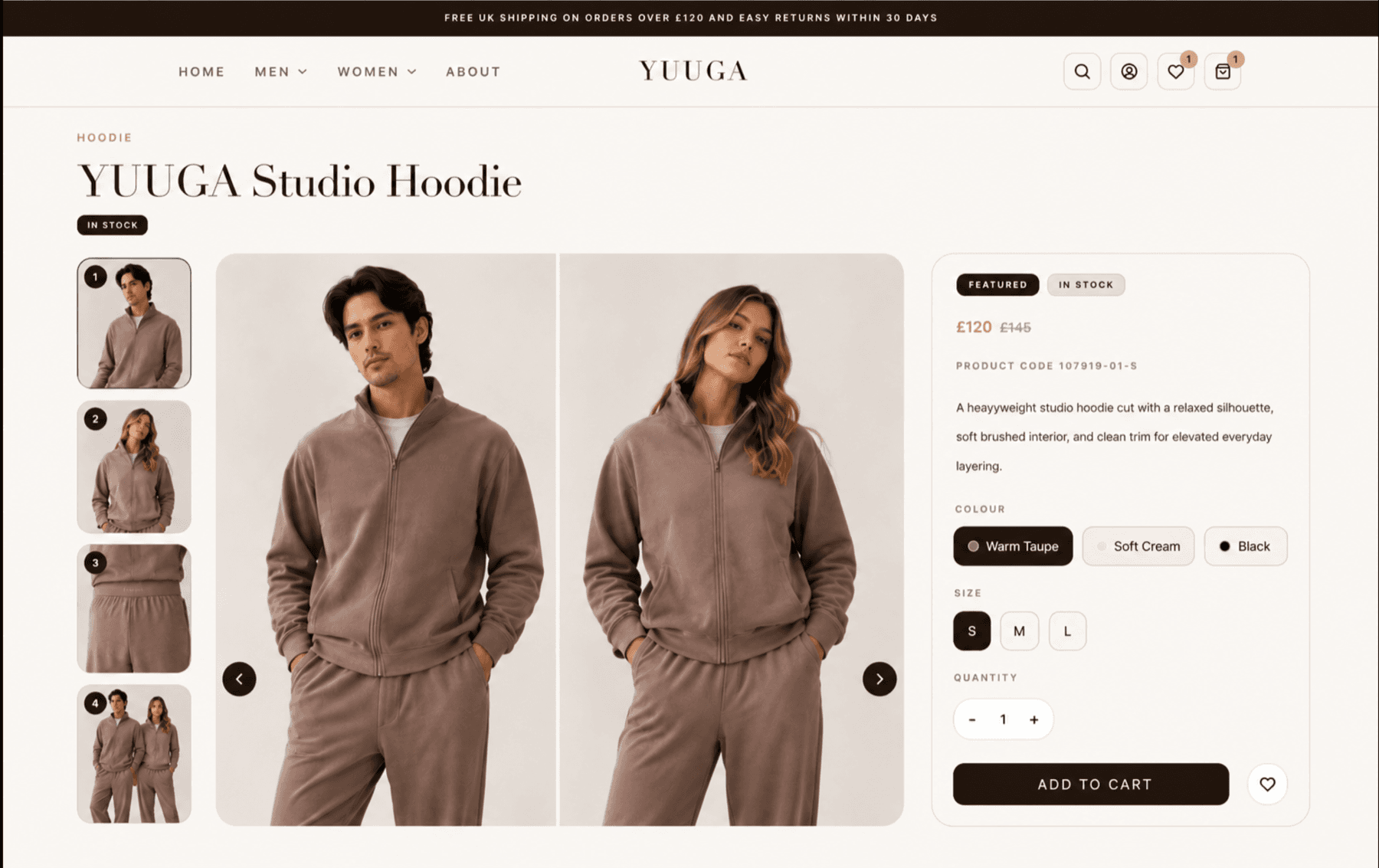 Yuuga product detail page with product gallery, variants, quantity selector and add to cart action