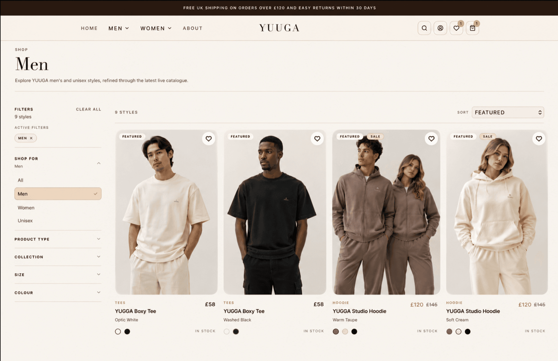 Yuuga product listing page with filters, product cards, sale badges and wishlist actions