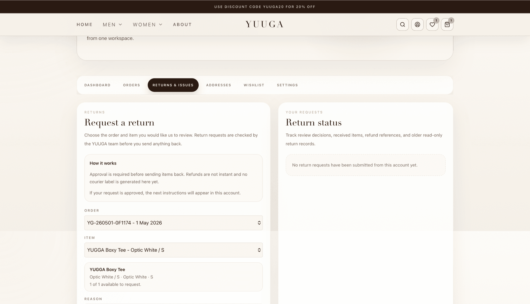Yuuga returns request flow linked to an account order and product item