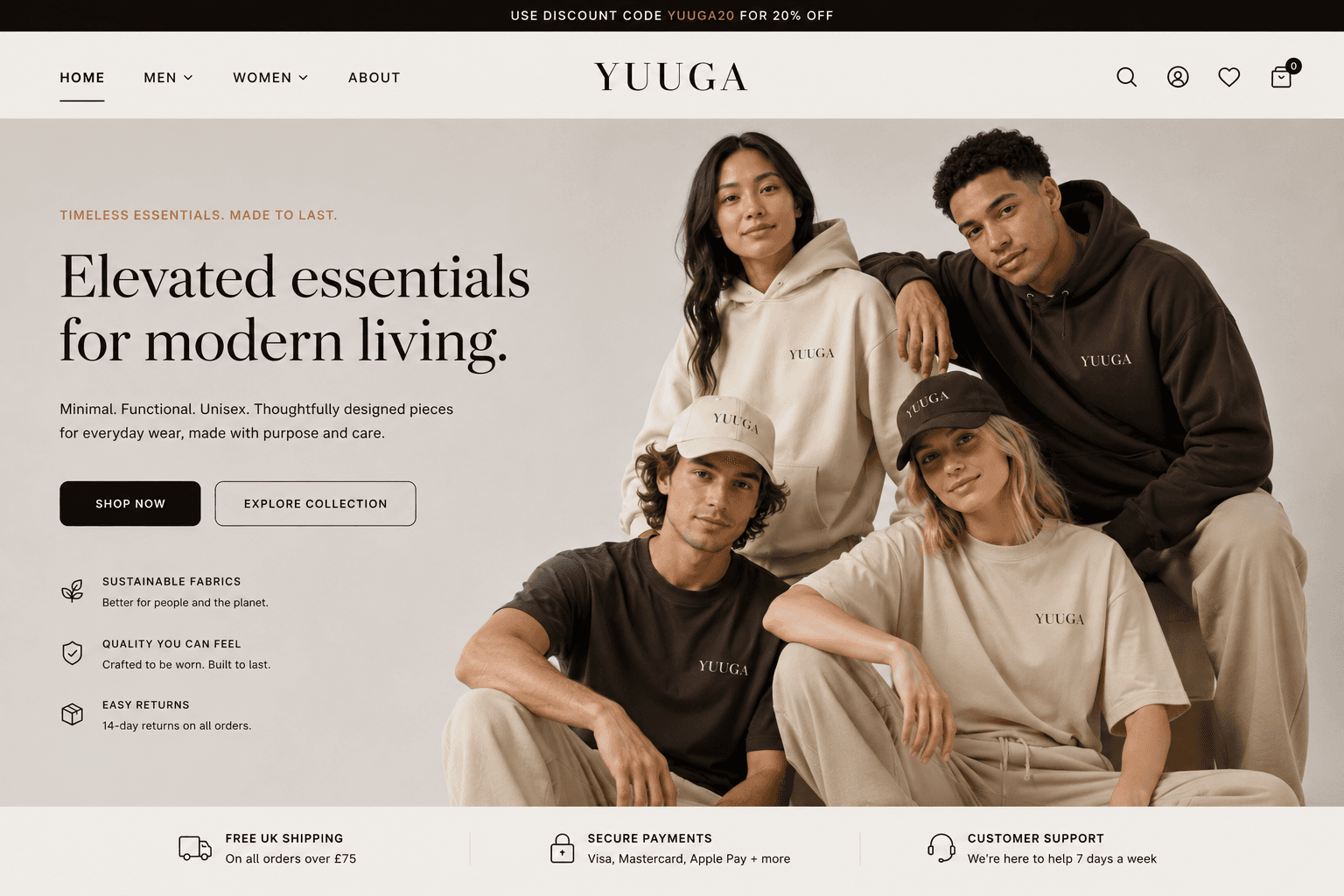 Yuuga ecommerce homepage hero showing elevated essentials clothing and navigation